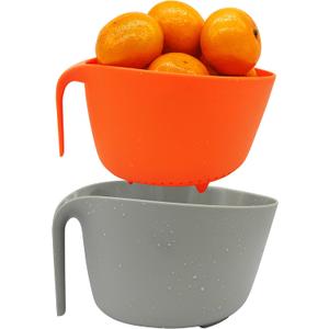 MiHerom 2 in 1 Colander with Long Handle Strainer and Mixing Bowl, Fruit Vegetable Washing Basket, Double Layered Strainer, Non-slip Bottom, Stackable, Dishwasher Safe, Soaking Draining and Straining (Orange)