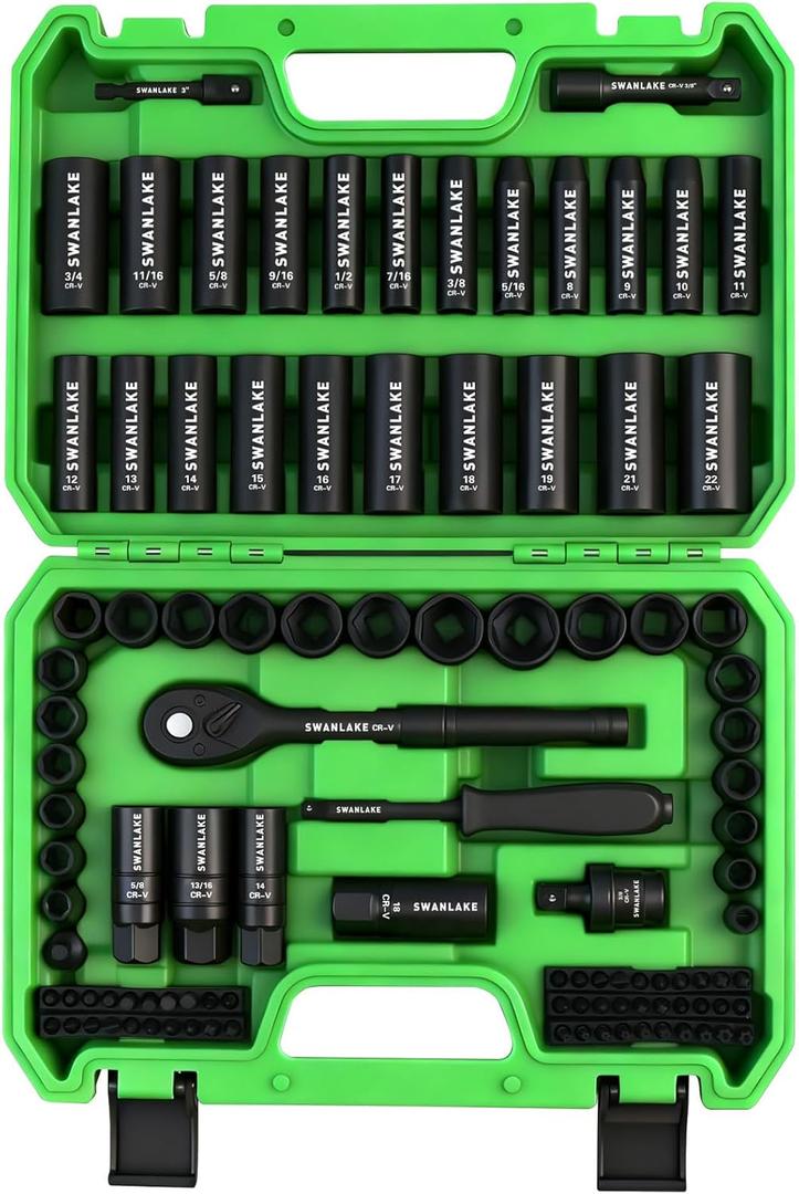 105-Piece 3/8" Drive Impact Socket Set, SAE (5/16 to 3/4 inch) and Metric (8-22mm) 6 Point CR-V Steel Socket Wrench Set, Extension Bars, Universal Joint, Ratchet Handle, Screwdriver Bit Mechanic Tool