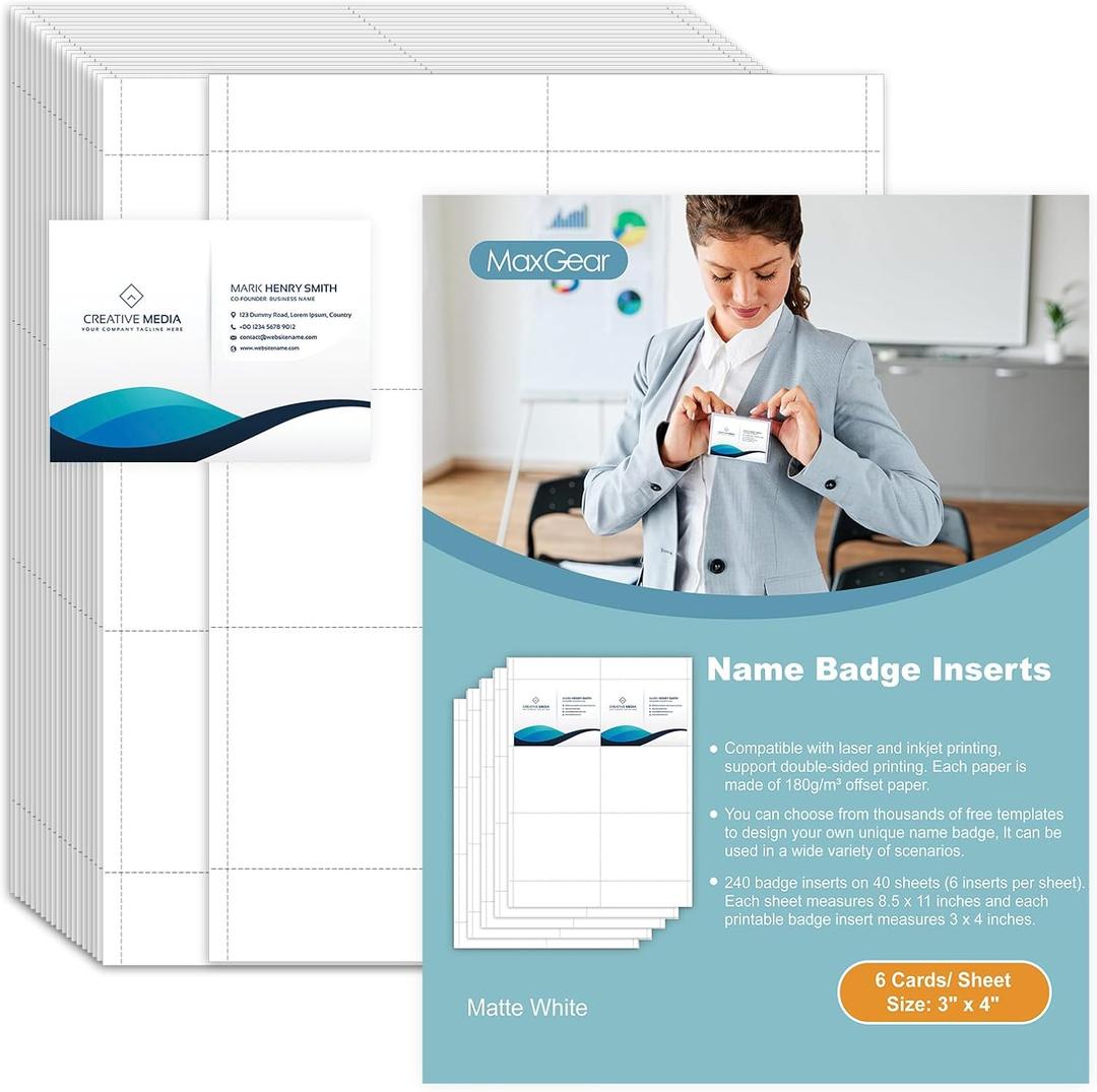 MaxGear 240 Name Badge Inserts Badge Labels, 3" x 4" Printable Name Tags Insert, Personalized Insert Badges Refill, Custom Card Paper Compatible with Laser/Inkjet Printer, Office, White