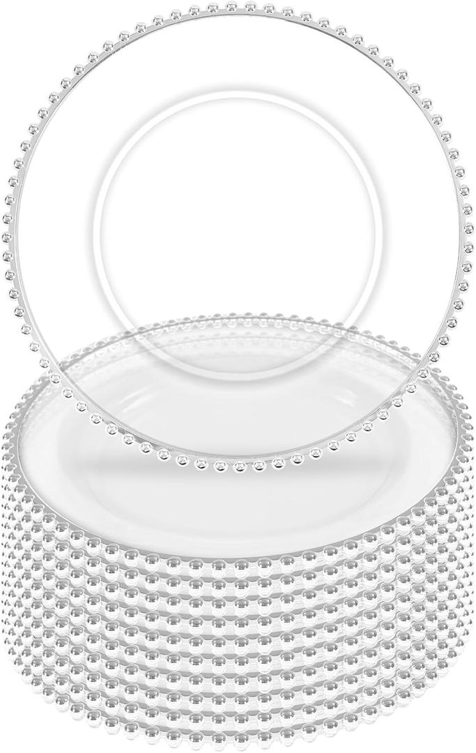 10Pcs Silver Rim Clear Charger Plates Bulk Wedding - 13" Premium Clear Plastic Chargers with Silver Beaded RimDecorative Dinner Charger Plates for Events & Parties