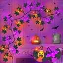 6FT 54 LED Willow Vine Twig Decor Black Halloween Garland with Pumpkin Bat Orange & Purple Light, 8 Modes Waterproof Battery Operated Indoor Halloween Decorations