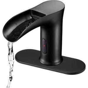 Automatic Sensor Touchless Waterfall Bathroom Sink Faucet, Modern Electronic Sensor Lavatory Faucet, Matte Black Hands Free Vanity Faucets with Control Box and Temperature Mixer