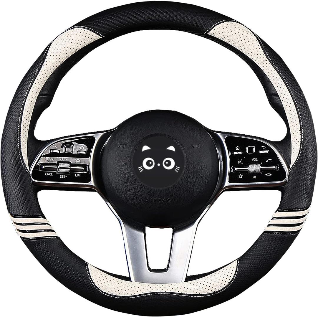 Iwantit Cute Steering Wheel Cover for Women, Leather with Anti-Slip Rubber Ring, Steering Wheel Protector for Men, Universal Fit 14.5-15 inches for Cars, SUV (Pearl White)