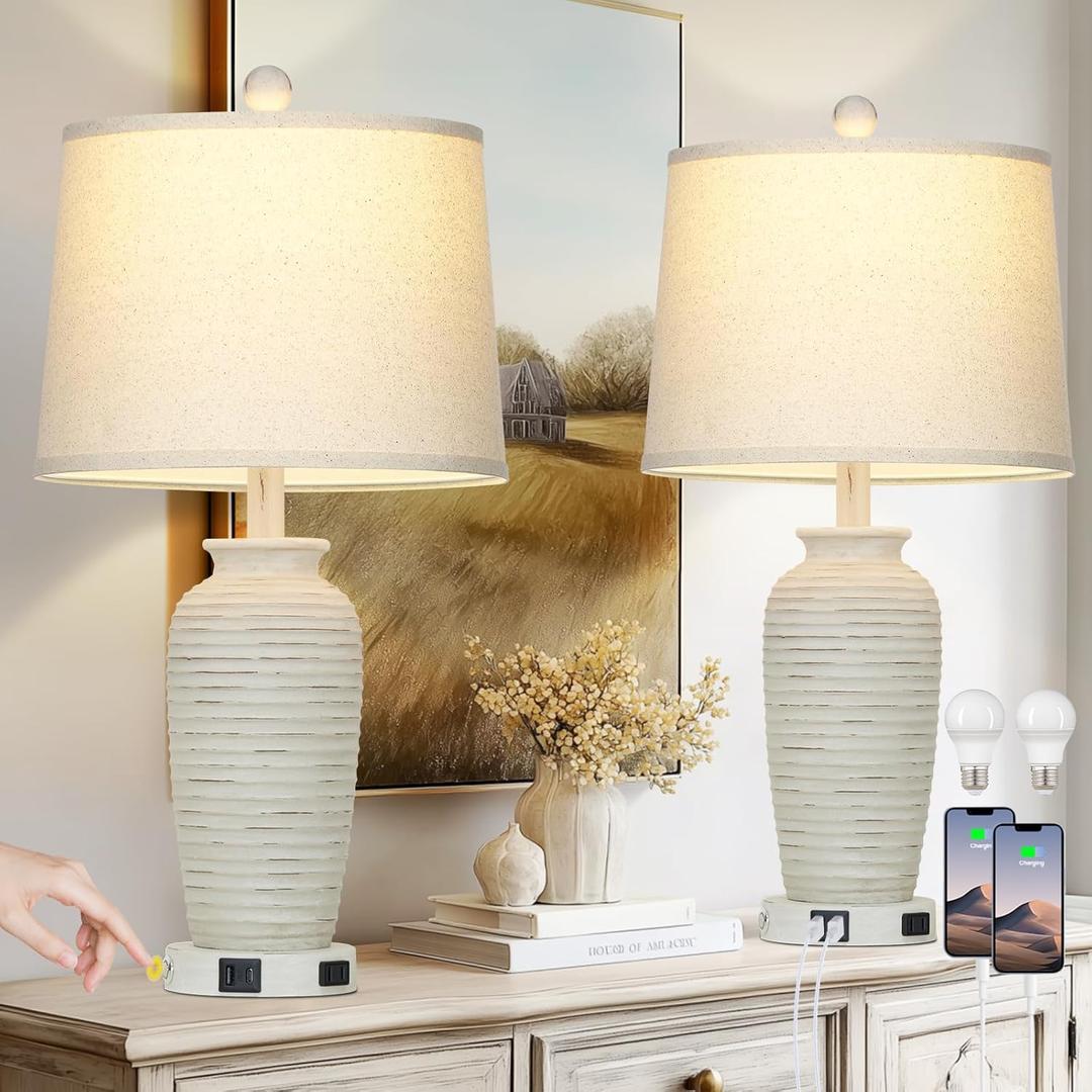 CINSARY 25" Retro White Farmhouse Jar Table Lamps Set of 2, 3 Way Touch Control Rustic Bedside Lamps with USB A+C Ports & AC Outlet, Pot Nightstand Lamps for Bedroom Living Room (LED Bulbs Included)