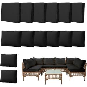 14pcs Outdoor Patio Cushion Covers Replacement, 24" Zippered Outdoor Cushion Covers Waterproof, UV Resistant & Washable Patio Furniture Cushion Covers Waterproof for Patio Sectional, Covers Only Black