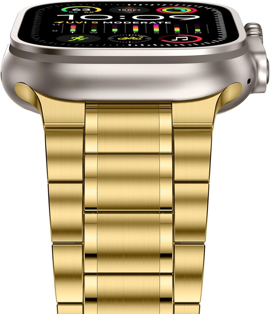 Anlinser Metal Bands Compatible with Apple Watch Band 49mm 46mm 45mm 44mm 42mm Women Men, Five-link Stainless Steel Strap for iWatch Ultra 3/2/1 SE Series 11 10 9 8 7 6-1 (Gold)