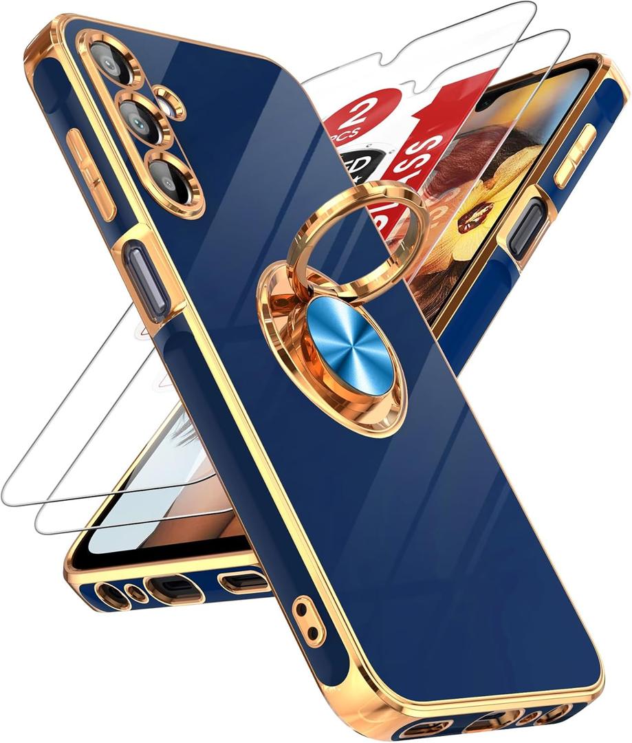 LeYi for Samsung Galaxy A15 5G Case: with Tempered Glass Screen Protector [2 Pack] 360 Rotatable Ring Holder Magnetic Kickstand, Plating Rose Gold Edge for A15 5G Case, Cute Present for Mom,Blue