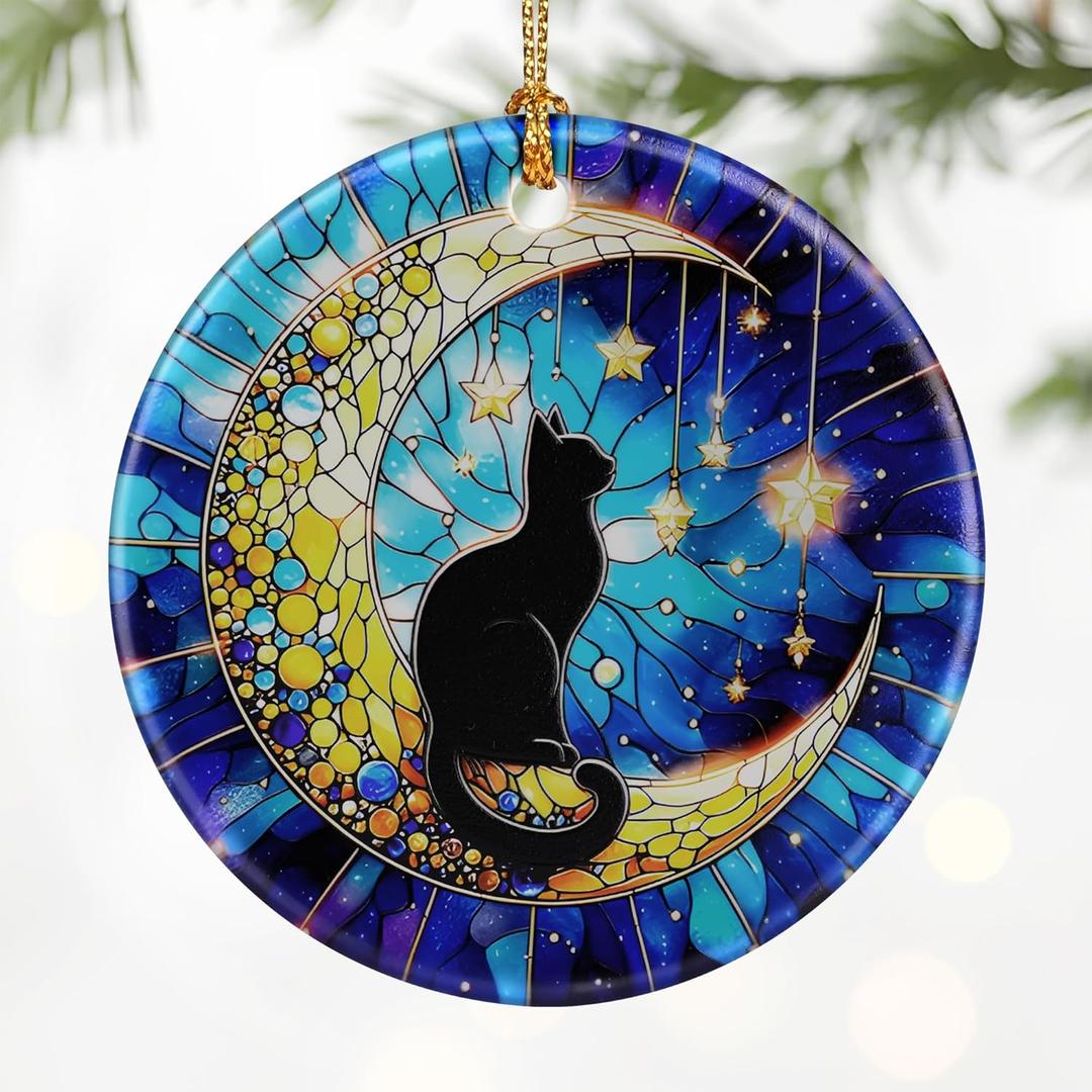 10 x Black Cat Ornament  Christmas Decoration & Christmas Ornament; Round Ceramic (Holiday Present, Bauble Present, Gift Idea, and Gift Exchange) | Heirloom Keepsake