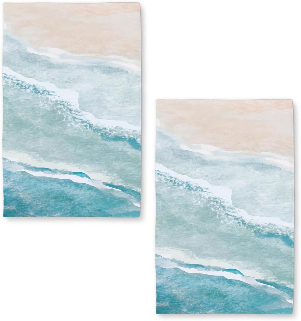 Beach Kitchen Towels Set of 2 Dish Towels Kitchen Hand Towels Absorbent Quick Dry Microfiber Cloth Dish Towel for Kitchen Drying 18" x 26",Coastal Ccean Sand Wave Blue Teal