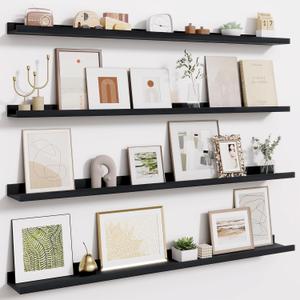 Fun Memories Picture Ledge Shelves Set of 4-48 Inch Shelves with Lip - Large Nursery Bookshelf for Storage - Floating Shelf Wall Mounted for Living Room - Bedroom -Kitchen - Black Color