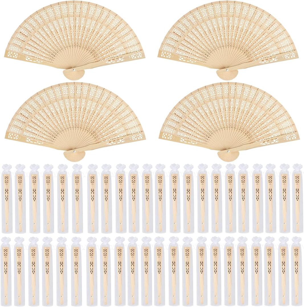MCEAST 48 Pack Sandalwood Folding Fans Bulk, 7.9 Inches Wooden Handheld Fans with Organza Bags, Wedding Fans for Bridal Shower, Baby Shower, Party Favors, Events & Gifts