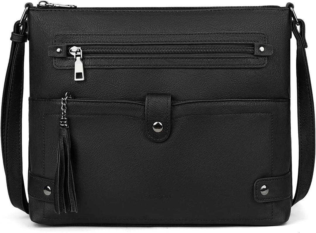 FADEON Large Crossbody Purses for Women Crossbody Bag, Designer Leather Cross Body Purses Multi Pocket Shoulder Bag (Black Retro Style)