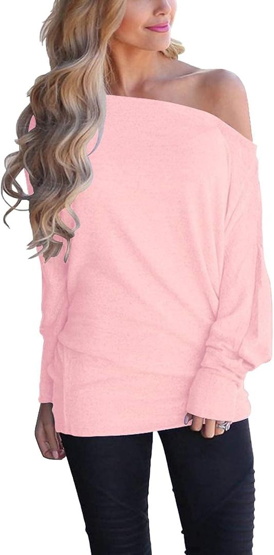 Lacozy Women's Off Shoulder Long Sleeve Oversized Pullover Sweater Knit Jumper Loose Tunic Tops (X-Large, Pink)