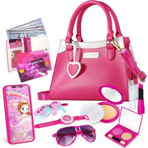 Shemira Play Purse for Little Girls, Princess Pretend Toys for Girls 3 4 5 6 7 8 Years Old, Christmas & Birthday Gift for Kids Age 3-5 4-6 6-8, Toddler Purse with Accessories, Kids Toy Purse,Pink