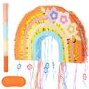 WERNNSAI Foldable Rainbow Pinata - Rainbow Pull String Pinata with Blindfold and Bat for Bundle Piata Boho Theme Birthday Baby Shower Party Decoration Carnival Party Games Supplies 16.4" x 12.3"