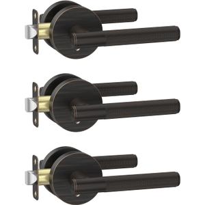 Amerdeco 3 Pack Oil Rubbed Bronze Door Handles Interior, Knurled Privacy Door Handles, Heavy Duty Door Lever for Bedroom or Bathroom, Reversible Keyless for Left Right Handed Doors AM0016