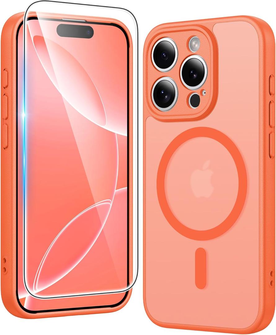 FNTCASE for iPhone 16 Pro-Max Case: Matte Magnetic Phone Cases with Screen Protector Compatible with Magsafe Slim Anti Yellowing Rugged Shockproof Protective Translucent Cell Cover (C-Orange)