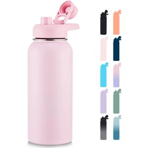 Fijinhom 32 oz Insulated Water Bottle with Handle, 304 Stainless Steel Water Bottles with Wide Mouth, Double Wall Vacuum Sports Water Bottle, BPA Free, Keep Cold and Hot, Pink