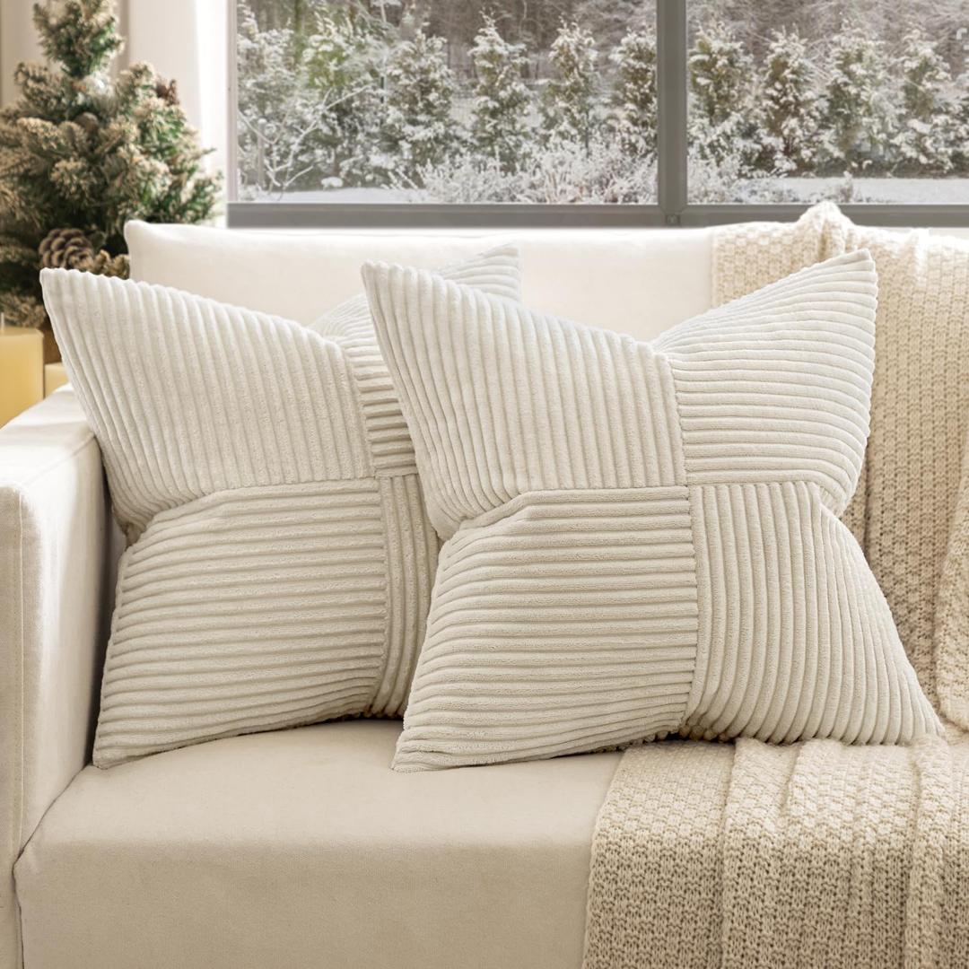 EMEMA Pack of 2 Beige Boho Decorative Corduroy Throw Pillow Covers 18x18 Inch Soft Pillow Covers Solid Pillowcases Cross Patchwork Textured Cushion Covers for Living Room Decor Couch Bed Sofa 45x45 cm
