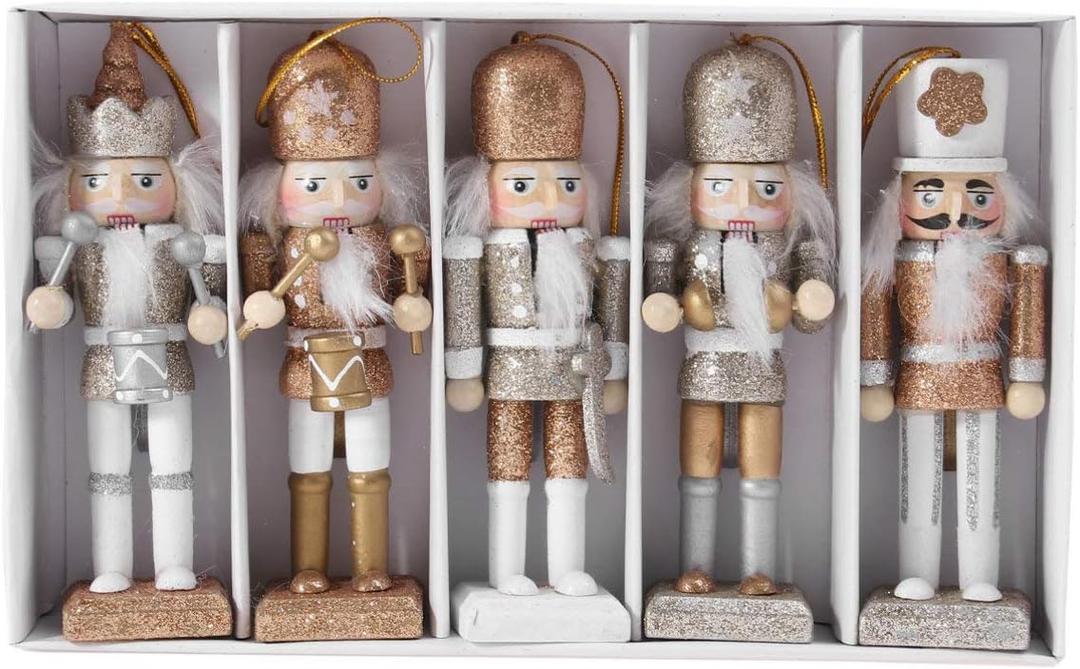 2 x 1 Set Christmas Nutcracker Ornaments Gold and Silver Glittered Christmas Soldier Nutcracker Wooden Figurine Collectible Decoration for Xmas Holiday Party Decor