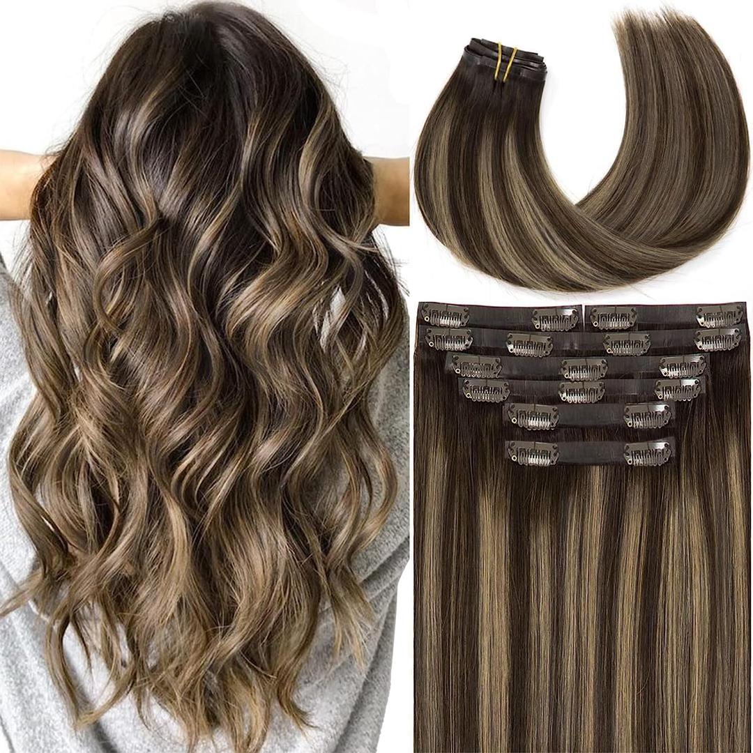 Clip in Hair Extensions Real Human Hair 16in 7Pcs 18 Clips PU Weft Seamless Extensions Clip in Human Hair Chestnut Brown Mixed Dark Brown with Dark Brown Roots Natural Human Hair For Women 130g