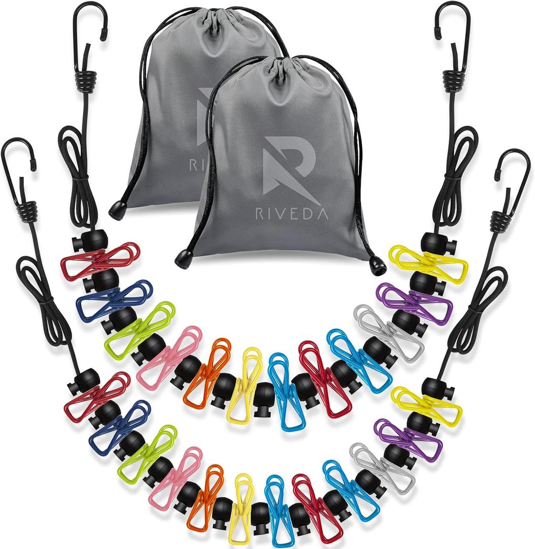 RIVEDA 2 Pack Travel Clotheslines with 12 Colorful Clips Each & 2 Bags, Cruise RV & Camping Essentials Clothes Line for Indoor Laundry Drying Line & Outdoor Accessories