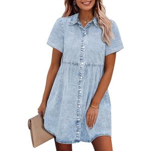 GRAPENT Denim Dress for Women Babydoll Tiered Short Sleeve Button Down Jean Shirt Dresses, Medium