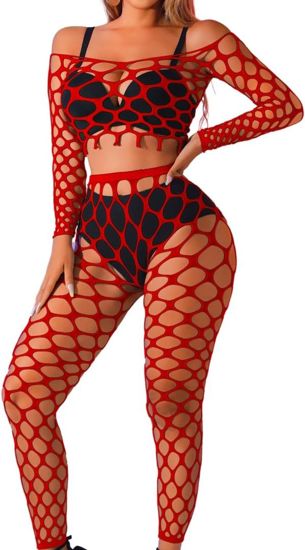 Kaei&Shi Sexy Fishnet Bodysuit Stockings,Hollow Out Rave Outfits,2 Piece Mesh Top Set,Club Outfit Exotic Dancewear (Red)
