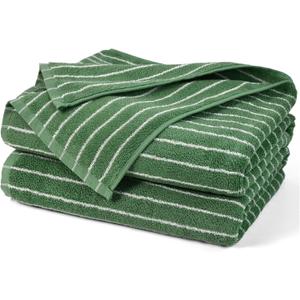 Jacquotha Bath Towels Pack of 2, Lighter & Quick Dry Towels Large 27.5 x 55 inches, Luxury Terry Cotton Towels for Bathroom Spa Swim, Forest Green & White Striped