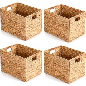 Layhit 4 Pcs Wicker Storage Basket Water Hyacinth Handwoven Baskets with Handles Foldable Woven Organizer Multipurpose Wicker Storage Bins for Bedroom Living Room(16 x 11 x 11'',Natural)