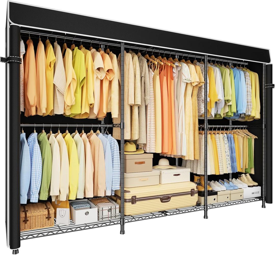 ULIFHOME E14C Max Heavy Duty Closet Organizer SystemFreestanding Clothing Racks for Hanging ClothesAdjustable Garment Rack 86" W 16" D 77" H Hold 1060 lbsBlack Rack with Black Cover