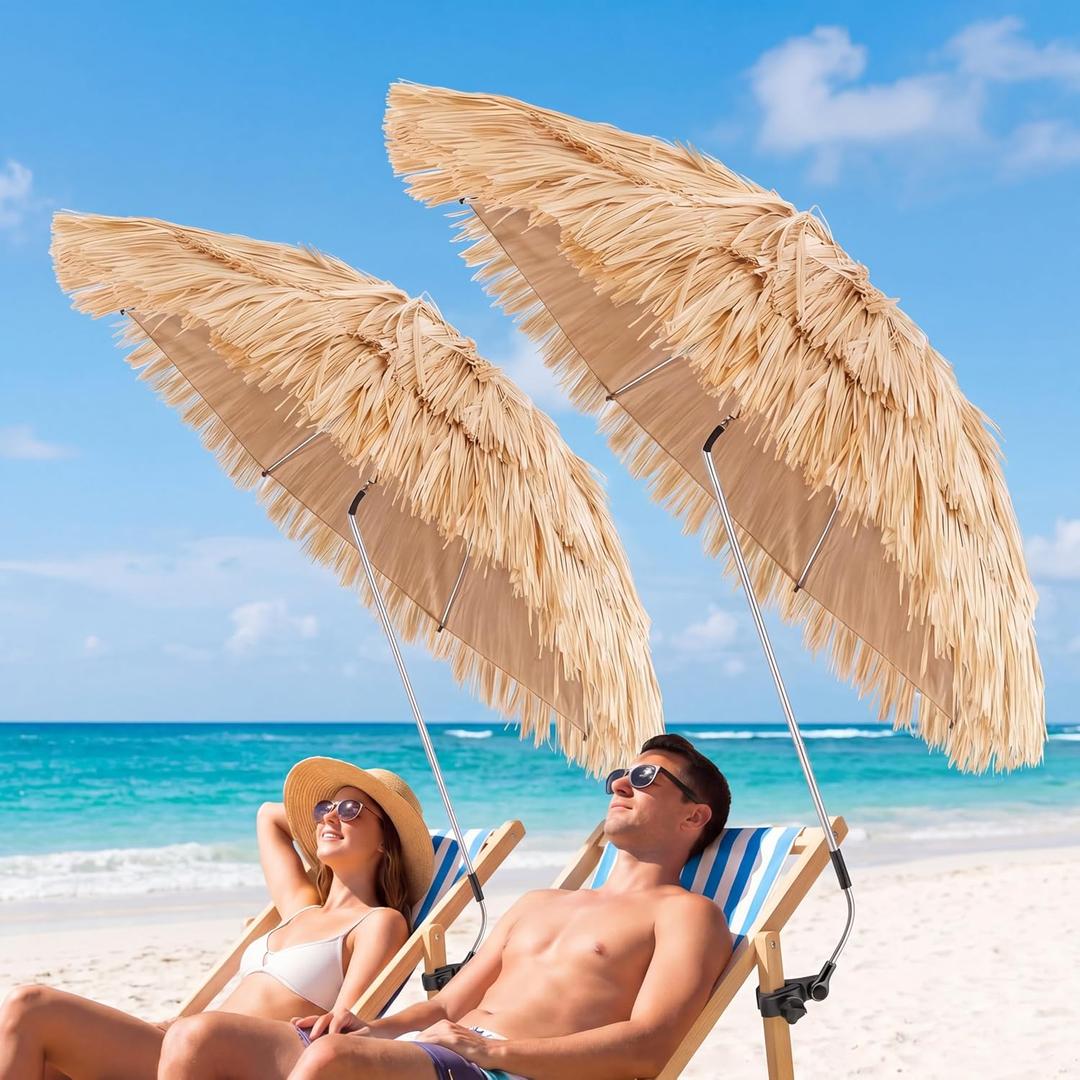 Aliceset 2 Pack Beach Chair Umbrella, 360 Adjustable Tiki PE Straw Clip on Umbrella, UV Protection, 52 Inch,180 Swivel Hinge,8 Ribs Sun Shade for Tropical Patio Camping Pool Fishing Sand Rv Travel