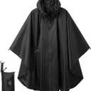 Fashion Hooded Rain Poncho Waterproof Raincoat Jacket with pocket for Women/Men/Adult (One Size, Black)