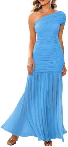 LAGSHIAN Women's Elegant Formal Long Dress One Shoulder Sleeveless Ruched Bodycon Evening Dress Size M
