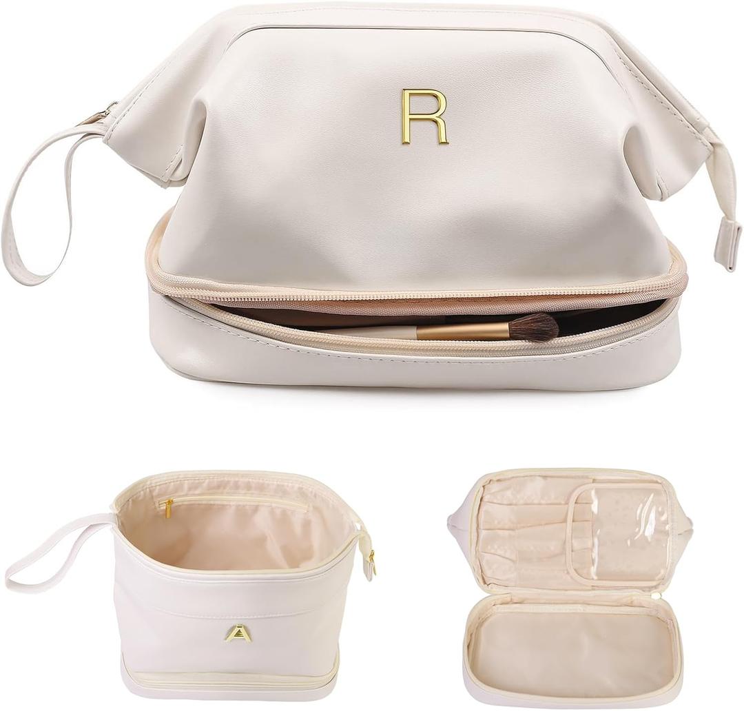 Birthday Gifts for Women, Initial Makeup Bags for Teens Girls, Double Layer Cosmetic Bag with Makeup Brush Organizer, Travel Toiletry Bag, Maid of Honor Gifts-Travel Gift For Female