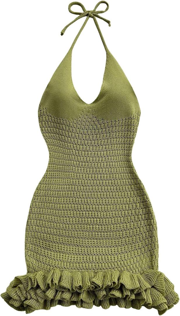 GORGLITTER Women's Crochet Halter Bubble Mini Dress Bow Backless Summer Bodycon Knit Dress Vacation Festival Outfits (Large, Green)