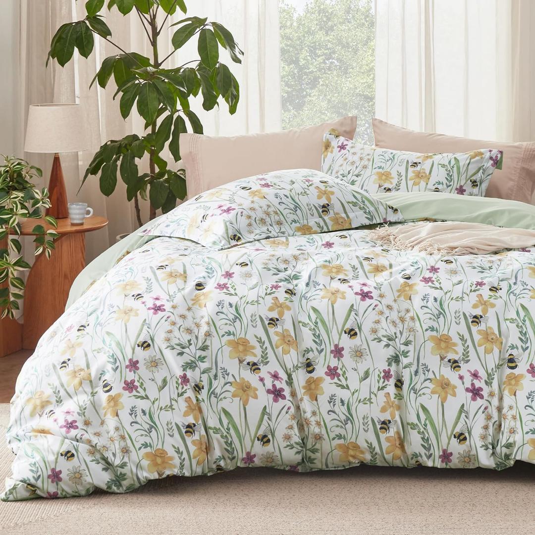 Bedsure Duvet Cover King Size - Reversible Floral Patterned Duvet Cover Set with Zipper Closure, 3 Pieces Green Bedding Set with 8 Corner Ties and 2 Pillow Shams 20"x36" (07 - Green Floral (No Comforter))