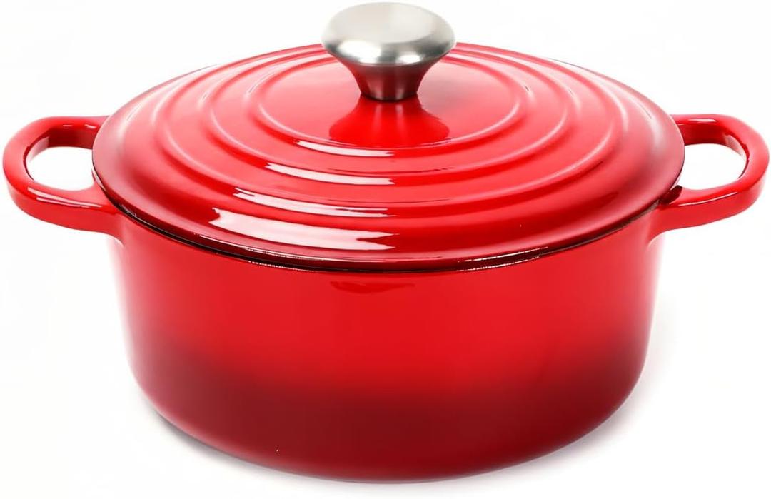 Cast Iron Dutch Oven Pot with Lid Deep Cooking Pot for Bread, Stews, Casseroles Oven Safe Cookware, Kitchen Essential & Wedding Gift Compatible with All Heat Sources (Red)