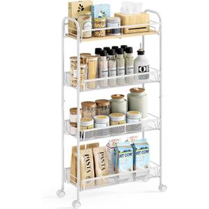 KINGRACK Metal Slim Rolling Cart,4-Tier Metal Utility Cart,Storage Cart with Wooden Tabletop, for Narrow Space on Laundry Bathroom Kitchen Room Bedroom Apartments Dormitory (Pure White, Slim)