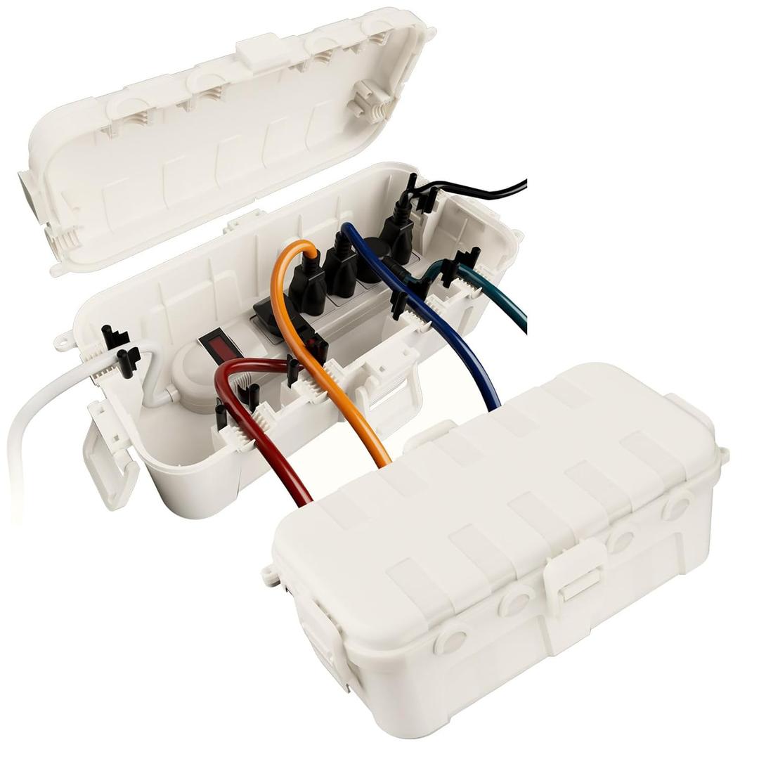 Flemoon [2 Pack] Outdoor Electrical Box Waterproof, Medium Weatherproof Electrical Box (11.5x5.2x4 inch) w/6 Cable Entry Ports, Extension Cord Cover for Power Strip, Timer, Holiday Light, White