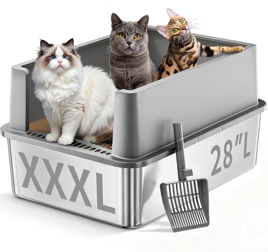 XXXL Stainless Steel Litter Box,28"L*20"W*12.5"H Large Capacity Metal Cat Litter Box for Big & Multiple Cats,Anti-Leakage,Non-Stick Surface for Easy Cleaning,Odor-Resistant,Scratch-Resistant (Gray)