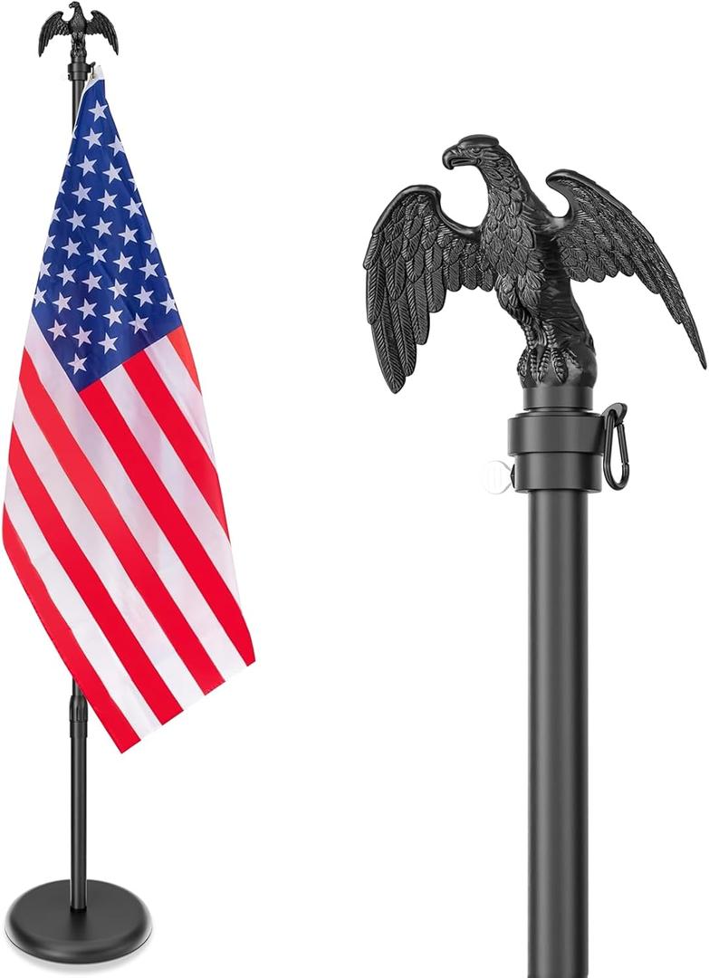 8 FT Indoor Flag Pole and Stand, Heavy Duty Indoor Flag Pole Kit with Weighted & Thickened Base, Eagle Topper, 3x5 FT American Flag, Adjustable Presidential Indoor Flagpole for Office School City Hall (Black)