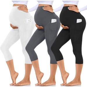 Hi Clasmix 3 Pack Maternity Capri Leggings with Pockets-Buttery Soft Workout Pregnancy Yoga Pants (Large)