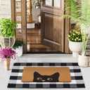Welcome Door Mat Combo Set, 28" x 43" Black and White Plaid Mat +17" x 30" Cat Welcome Mat, 2 PCS Doormat Set for Front Door, Entrance, Porch Decor, Non-Slip