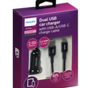 Philips Dual USB Car Charger with USB-A/USB-C Charge Cable