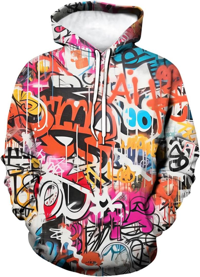 Men's Novelty Hip-hop Graffiti Cool Graphic Hoodies Hooded Colorful Totem Sweatshirts Pullover, Small, Purple (Pink)