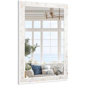 Tanmicoshomy 26 x 40 Inch Rectangle Wall Mirror, Natural Shell Framed Rectangular Mirror for Bathroom, Vanity, Bedroom, Living Room, Entryway, Wall Mounted Horizontal or Vertical, White