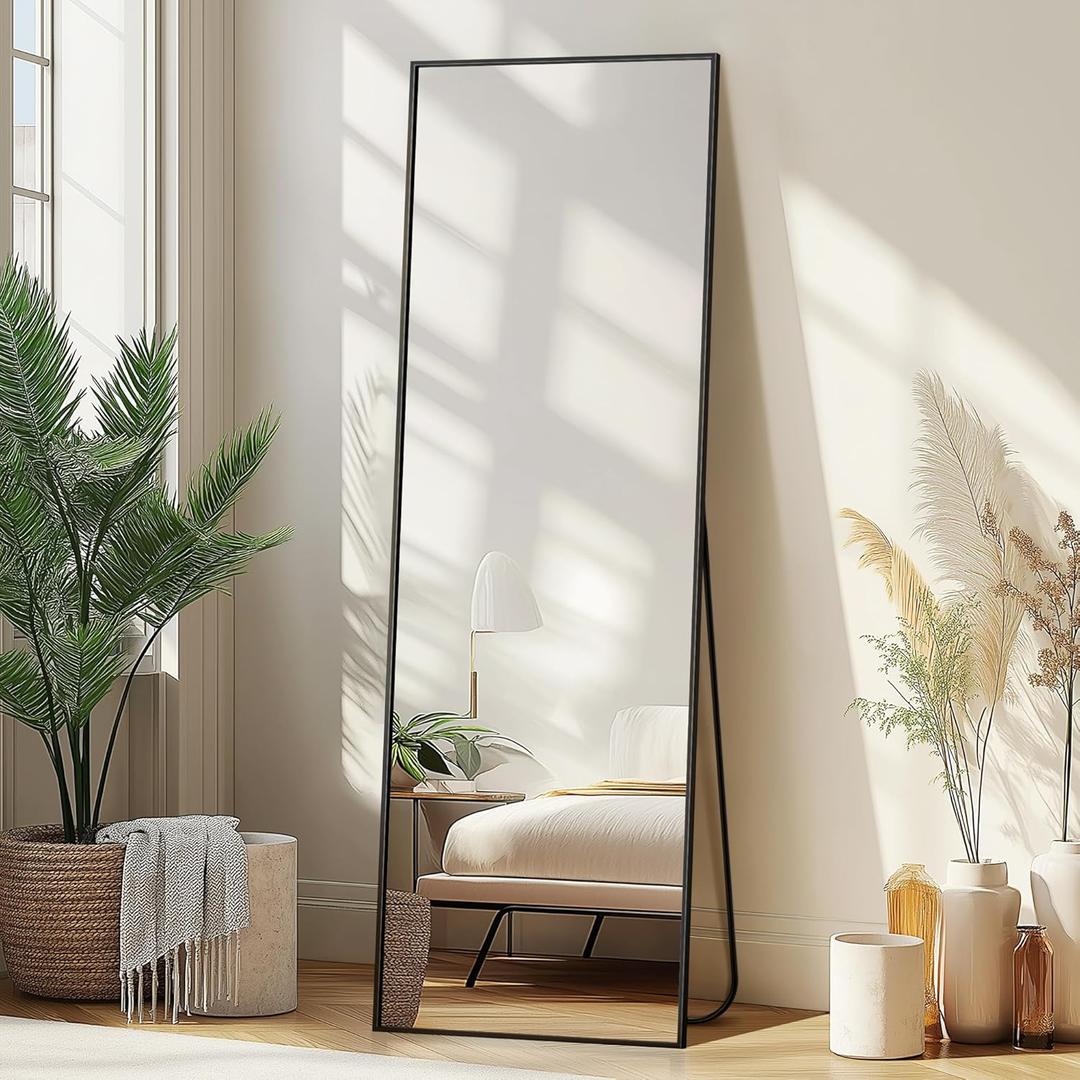 Delma Wall Full Length Mirror,Standing Mirror Full Body,Large Floor for Wall Door Bedroom Bathroom Living Room with Aluminium Frame(with Stand,56x15-Black) (56"L x 15"W, Rect Black)