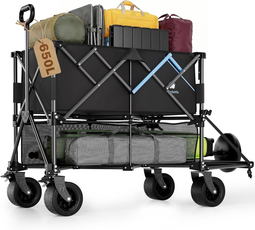 52" Heavy Duty Double Decker Wagon, 650L Collapsible Folding Wagon Cart with Brakes, 560 lbs Load, All-Terrain Big Wheels for Camping, Fishing, Sports and Transport, Black