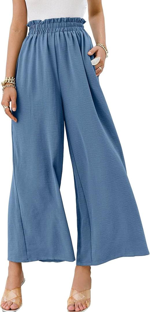 Boho High Waisted Pants for Women, Leoprad Wide Leg Flowy Pants(Blue Grey,L)